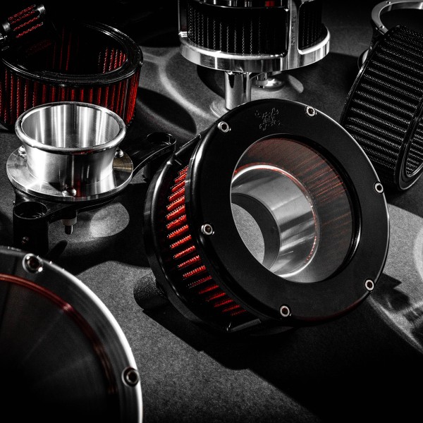 Part#:5427-70 - BA Race Series Air Cleaner Kit, Race Series tall cage, Chrome finish, Red filter